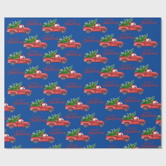 Marine Blauw Rood Vrachtwagen Kerstcadeaus Wrap Cadeaupapier (Vlak)