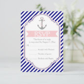 Marine blauw, roze anker nautische bruiloft RSVP (Staand voorkant)