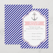Marine blauw, roze anker nautische bruiloft RSVP (Voorkant / Achterkant)