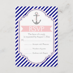 Marine blauw, roze anker nautische bruiloft RSVP Kaartje