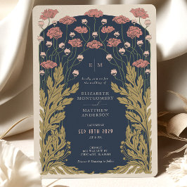 Marine Blauw Roze Art Nouveau Floral Kaart