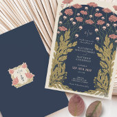 Marine Blauw Roze  Art Nouveau Floral Kaart