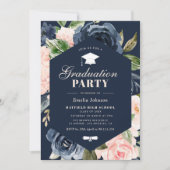 Marine Blauw & Roze Bloemen Afstudeerfeest Kaart (Voorkant)