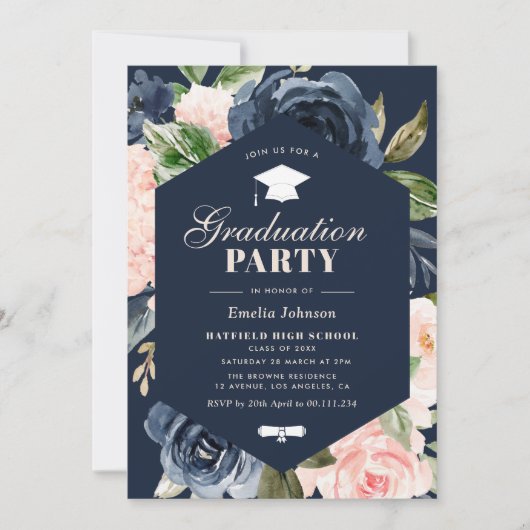 Marine Blauw & Roze Bloemen Afstudeerfeest Kaart (Voorkant)