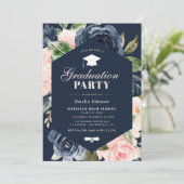 Marine Blauw & Roze Bloemen Afstudeerfeest Kaart (Staand voorkant)