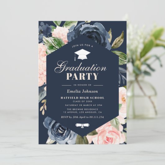 Marine Blauw & Roze Bloemen Afstudeerfeest Kaart (Staand voorkant)