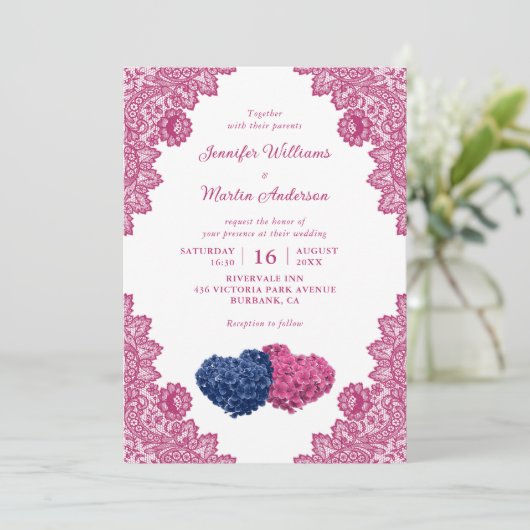 Marine Blauw Roze Bloemen Kant Hydrangea Huwelijk Kaart (Staand voorkant)