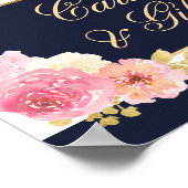 Marine Blauw Roze Bloemen Trouwkaarten en Geschenk Poster (Hoek)