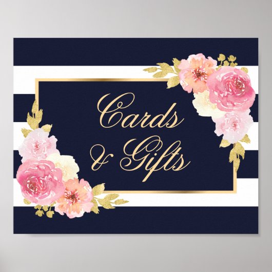 Marine Blauw Roze Bloemen Trouwkaarten en Geschenk Poster (Voorkant)