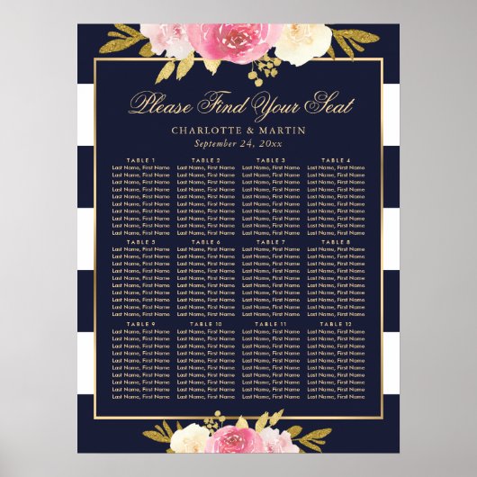 Marine Blauw Roze Bloemen Trouwstoel Grafiek 12 Poster (Voorkant)