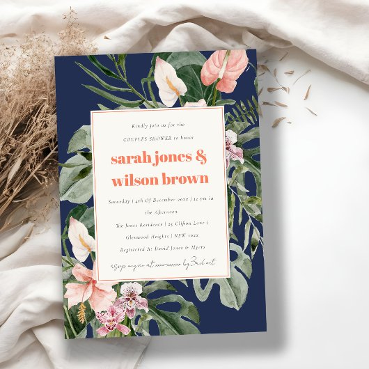 Marine Blauw Roze Boho Tropische Bloemen Koppels D Kaart