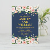 Marine Blauw Roze Goud Boho Bohemian Greenery Wedd Kaart (Staand voorkant)