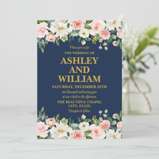 Marine Blauw Roze Goud Boho Bohemian Greenery Wedd Kaart (Staand voorkant)