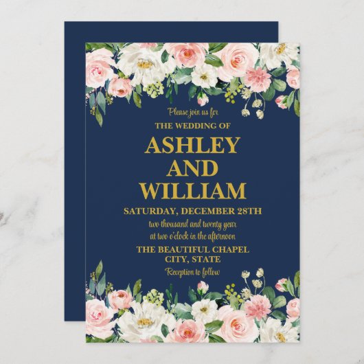Marine Blauw Roze Goud Boho Bohemian Greenery Wedd Kaart (Voorkant / Achterkant)
