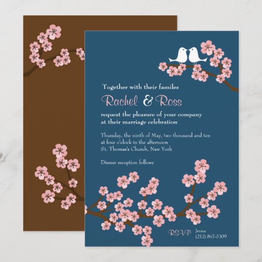Marine Blauw & Roze Kersenbloesem Lente Bruiloft Kaart (Voorkant / Achterkant)