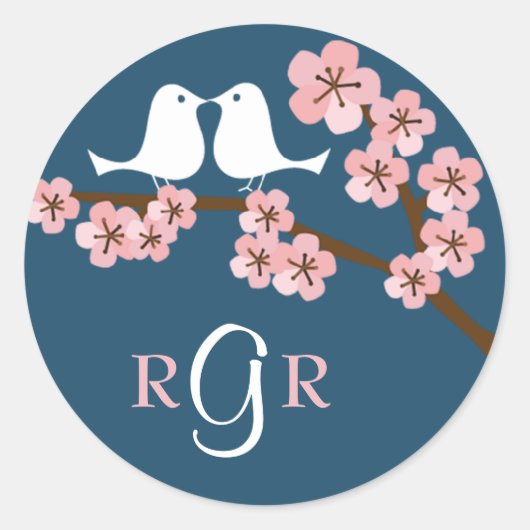 Marine Blauw & Roze Kersenbloesem Lente Bruiloft Ronde Sticker (Voorkant)