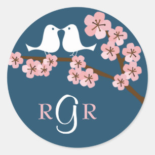 Marine Blauw & Roze Kersenbloesem Lente Bruiloft Ronde Sticker