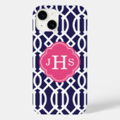 Marine Blauw & Roze Modern Trellis Monogram Case-Mate iPhone Case (Achterkant)