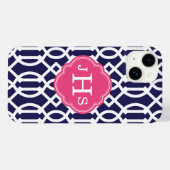 Marine Blauw & Roze Modern Trellis Monogram Case-Mate iPhone Case (Achterkant (horizontaal))