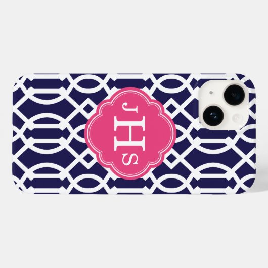 Marine Blauw & Roze Modern Trellis Monogram Case-Mate iPhone Case (Achterkant (horizontaal))
