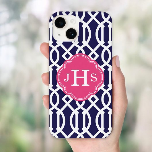 Marine Blauw & Roze Modern Trellis Monogram Case-Mate iPhone Case