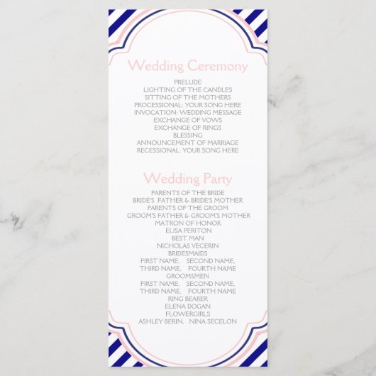 Marine blauw, roze nautische bruiloft programma programmakaart (Achterkant)