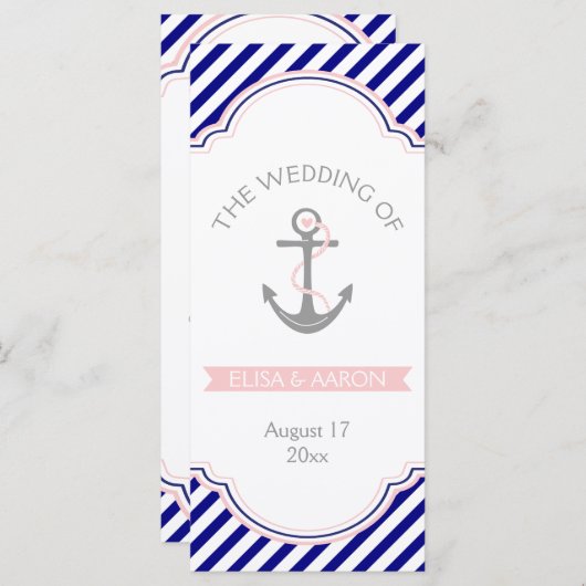Marine blauw, roze nautische bruiloft programma programmakaart (Voorkant / Achterkant)
