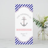 Marine blauw, roze nautische bruiloft programma programmakaart (Staand voorkant)