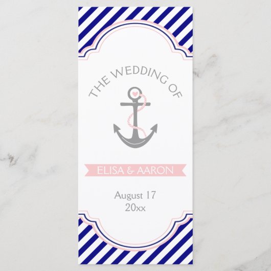 Marine blauw, roze nautische bruiloft programma programmakaart (Voorkant)