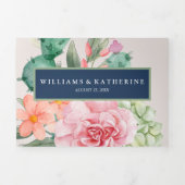 Marine Blauw Roze & Perzik Bloemen Winter Wedding Drieluik Uitnodiging (Cover)