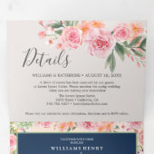 Marine Blauw Roze & Perzik Bloemen Winter Wedding Drieluik Uitnodiging (Binnenzijde eerst)