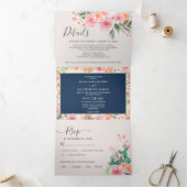 Marine Blauw Roze & Perzik Bloemen Winter Wedding Drieluik Uitnodiging (Binnen)