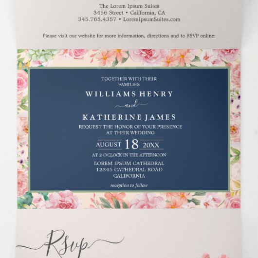 Marine Blauw Roze & Perzik Bloemen Winter Wedding Drieluik Uitnodiging (Binnenkant midden)