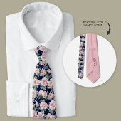 Marine Blauw Roze Pioen Bloemen Groomsmen Stropdas