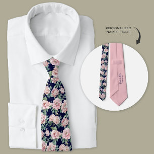 Marine Blauw Roze Pioen Bloemen Groomsmen Stropdas