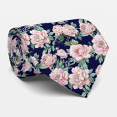 Marine Blauw Roze Pioen Bloemen Groomsmen Stropdas (Opgerold)