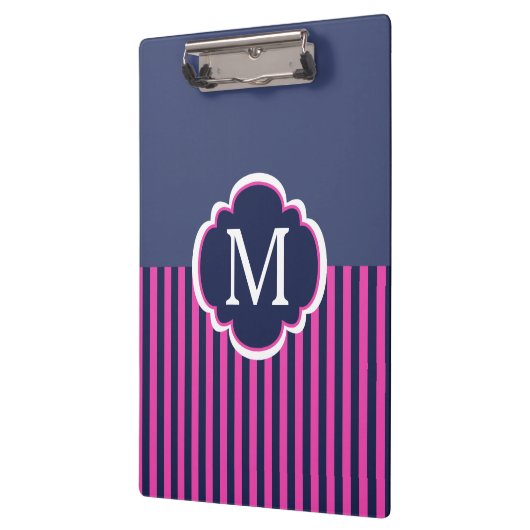 Marine Blauw Roze Strepen Monogram Klembord (Links)