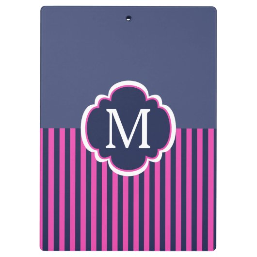 Marine Blauw Roze Strepen Monogram Klembord (Achterkant)