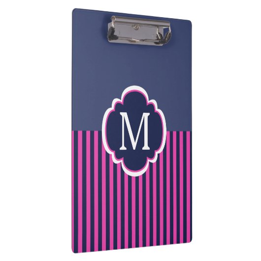 Marine Blauw Roze Strepen Monogram Klembord (Rechts)