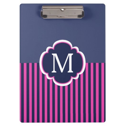Marine Blauw Roze Strepen Monogram Klembord (Voorkant)