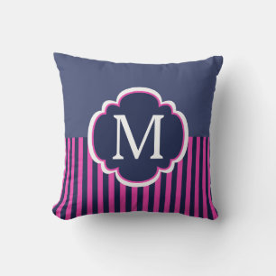 Marine Blauw Roze Strepen Monogram Kussen