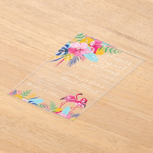 Marine Blauw Roze Tropische Wild Rain Forest Weddi Acryl Uitnodigingen (Laagn)