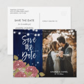 Marine Blauw Roze Trouwfoto Bewaar de datum Aankondigingskaart (Voorkant / Achterkant)