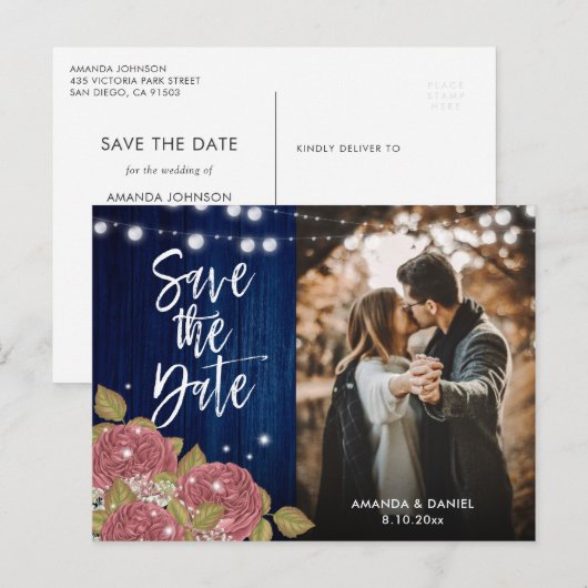 Marine Blauw Roze Trouwfoto Bewaar de datum Aankondigingskaart (Voorkant / Achterkant)