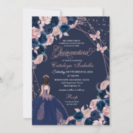Marine Blauw & Roze Vlinder Prinses Quinceanera Kaart