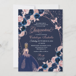 Marine Blauw & Roze Vlinder Prinses Quinceanera Kaart
