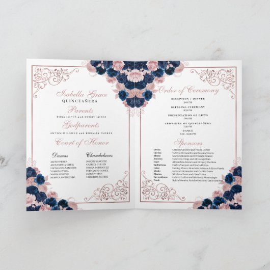 Marine Blauw & Roze Vlinder Quinceanera Programma (Binnen)