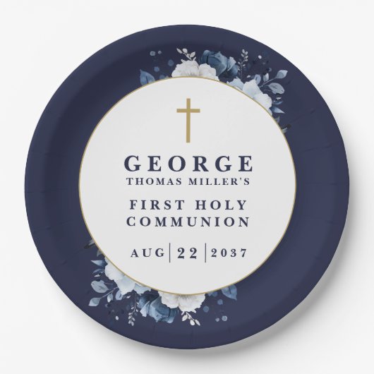Marine Blauw Rustiek Boho Bloemen Eerste Heilige C Papieren Bordje (Voorkant)