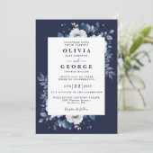 Marine Blauw Rustiek Elegante Bloemen QR Code Huwe Kaart (Staand voorkant)