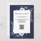 Marine Blauw Rustiek Elegante Bloemen QR Code Huwe Kaart (Achterkant)